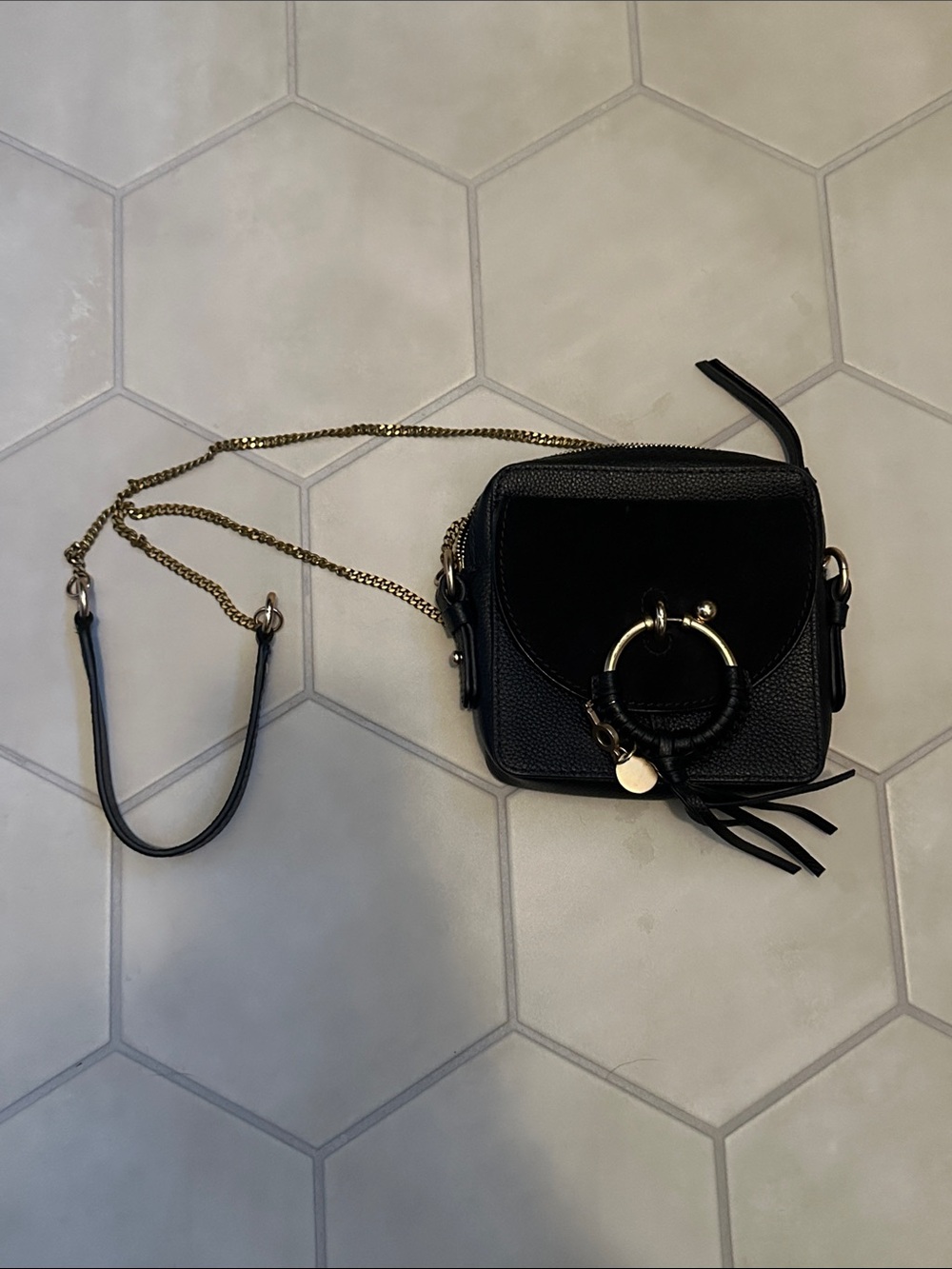 See By Chloe Black Mini Square Crossbody with Gold Ring Detail